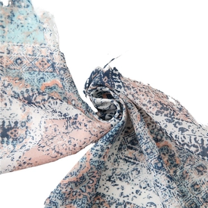 Bohemian geometric print cotton linen scarf with tassels and blue orange ethnic pattern