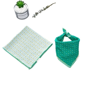 Green plaid and dotted cotton linen scarves for children and toddlers with fine edge binding