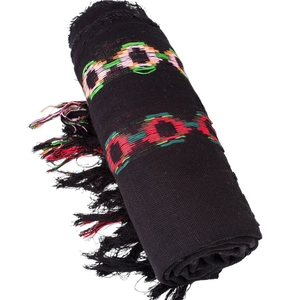 Ethnic black cotton linen scarf with colorful geometric embroidery and long tassels
