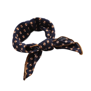 Navy blue satin neckerchief for kids with retro polka dot pattern and brown piped edges