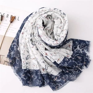 Lightweight cotton linen floral scarf with bird print and tassels for beach sun protection
