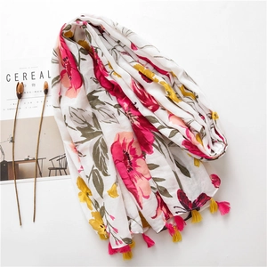 Floral print cotton linen scarf with colorful tassels and elegant flower pattern