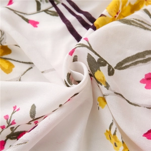 Floral print cotton linen scarf with yellow and pink flowers for women's sun protection