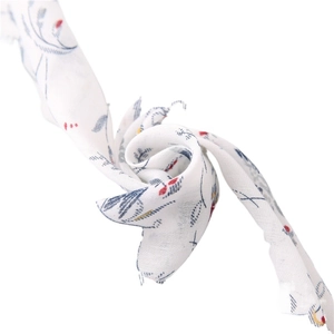 Floral cotton linen scarf with blue vine patterns and tassels for spring beach protection