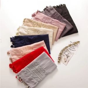 Women Elegant Scarf Cotton Linen Blend Lace Splicing Embroidery Tassel Shawl Wrap Sun Protection Vintage Style All Seasons