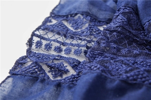 Macro detail of dark blue lace embroidery scarf featuring intricate floral mesh patterns