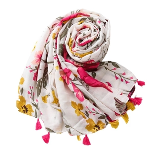 Floral print cotton linen scarf for women with colorful tassels on a white background
