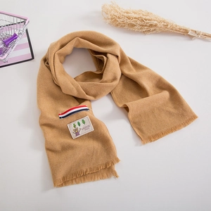 Camel knit children's scarf with cartoon bear patch and soft tassels in preppy style
