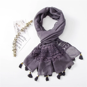 Dusty purple cotton linen scarf featuring elegant lace patchwork and fringe details