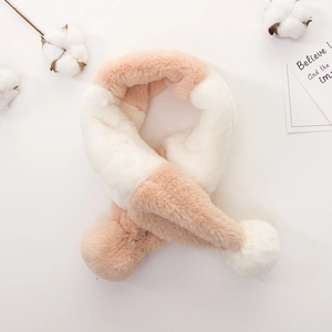 Kids plush color-block scarf with pom-poms and cross-fastening in pink and cream white