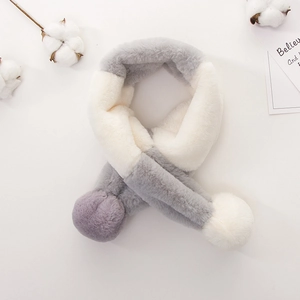 Kids plush color-block scarf with cute pompoms and a soft cross-loop design