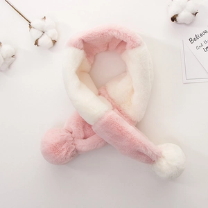 Detail of pink and white plush scarf with fluffy pom-poms on soft white background