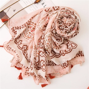 Ethnic blue floral porcelain pattern scarf and bohemian beach shawl with red tassels