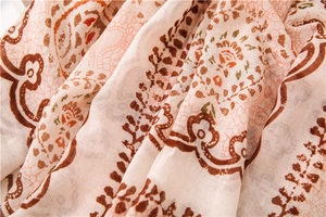 Detail shot of the breathable cotton linen fabric with retro paisley and floral prints