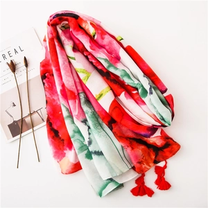 Summer lightweight floral shawl with vibrant red and green prints and elegant red tassels