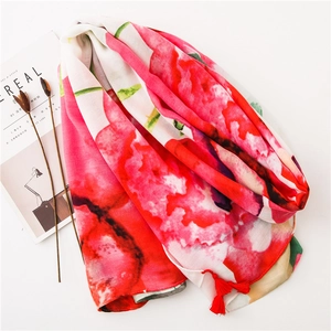 Floral summer shawl scarf with red watercolor flower patterns and stylish fringe tassels