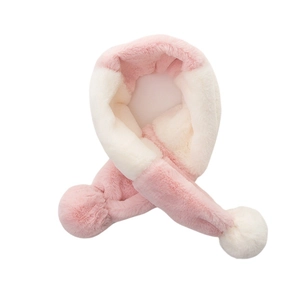 Pink and white plush hooded scarf for kids featuring soft faux fur and cute pom-pom accents
