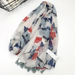 Scarf Women Cotton Linen Floral Print Lightweight Shawl With Tassels Soft Sun Protection Beach Wrap Japanese Style