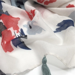 Artistic abstract floral cotton linen scarf with elegant tassels and red blue patterns