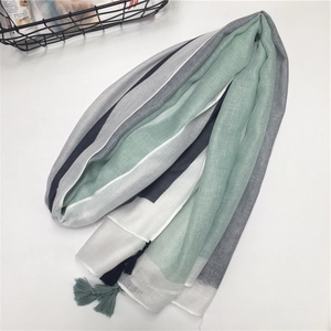 Minimalist geometric cotton scarf with tassel edge in mint, grey, and navy blue blocks