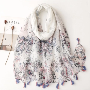 Femmes Écharpe Châle Coton Lin Sensation Paisley Imprimé Fleuri Gland Protection Solaire Japonais Doux Bohême Mince