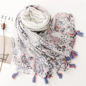 Écharpe en coton et lin à imprimé floral avec glands colorés pour protection solaire