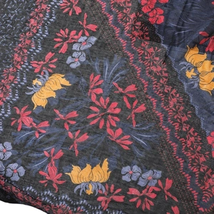 Ethnic floral print scarf made of cotton linen fabric with gray and red flower patterns