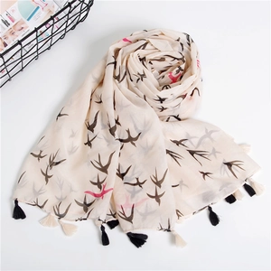Pastoral style cream cotton scarf with swallow print and tassels, lightweight and versatile