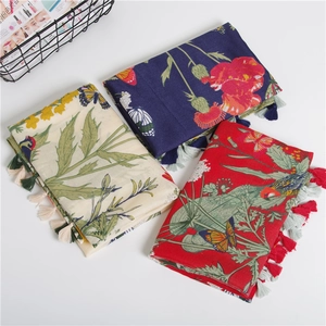 Women Long Scarf Shawl Twill Cotton Floral Bird Butterfly Print With Tassels Retro Pastoral Sun Protection Beach Travel