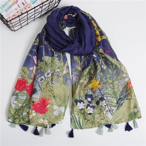 Navy floral scarf with bird prints and tassels, long cotton wrap for women