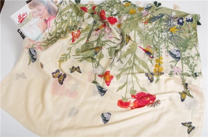 Close-up of floral twill cotton scarf with tassels and colorful garden prints