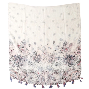 Écharpe légère ivoire effet lin avec imprimé floral paisley et glands colorés