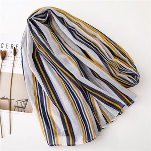 Breathable cotton linen striped scarf with yellow and navy patterns for sun protection