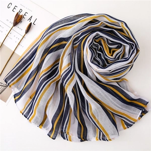 Striped cotton linen long scarf with yellow and navy patterns for sun protection