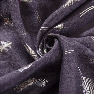 Elegant purple cotton linen scarf with silver feather print in spiral drape style