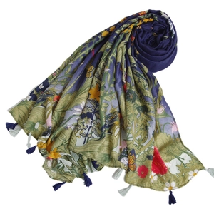 Navy blue twill cotton scarf with floral butterfly prints and dual-tone long tassels