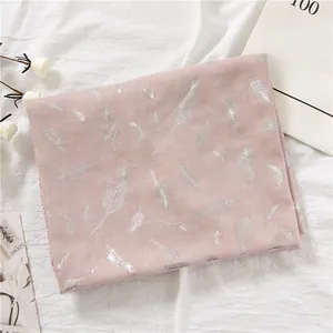 Detail of pink cotton linen scarf featuring metallic silver feather patterns