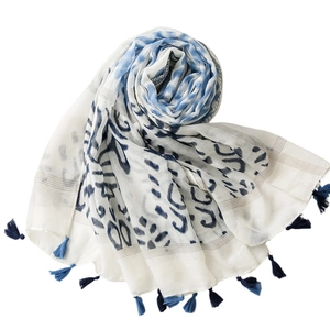 Harajuku style blue wave print scarf with fringe tassels for sun protection and beach wear