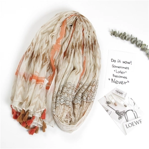 Lightweight cotton linen striped scarf with abstract prints and handmade tassels