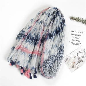 Linen cotton striped scarf with tie-dye print and decorative tassels for summer fashion