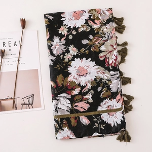 Bohemian black beach shawl with floral patterns and green tassels for summer travel