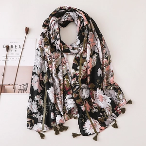 Floral Print Scarf Shawl Long Bohemian Ethnic Style Cotton Linen Feel Beach Wrap With Tassels For Women Soft Elegant