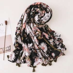 Bohemian black floral beach shawl with pink flowers and tassels for summer travel