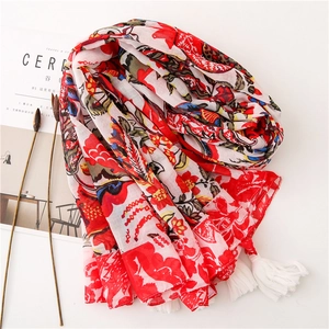 Floral Scarf Shawl Fringed Tassel Lightweight Breathable Cotton Linen Blend Sun Protection Beach Wrap Women Bohemian Vintage