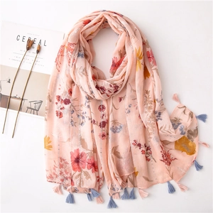 Women Floral Print Scarf Shawl Cotton Linen Feel Lightweight Breathable Sequin Tassel Long Vintage Sunscreen