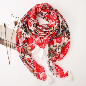 Bohemian floral scarf in red with white tassels for autumn beach wear