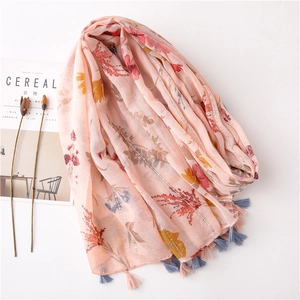 Floral print pink cotton linen scarf with tassels and metallic thread detail