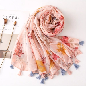 Pink floral cotton linen scarf with silver metallic silk and fringe tassels