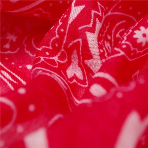 Gros plan du tissu en coton rouge à motif cachemire montrant la texture du tissage
