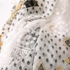 Detailed close-up of bohemian scarf featuring white lace edges and geometric patterns